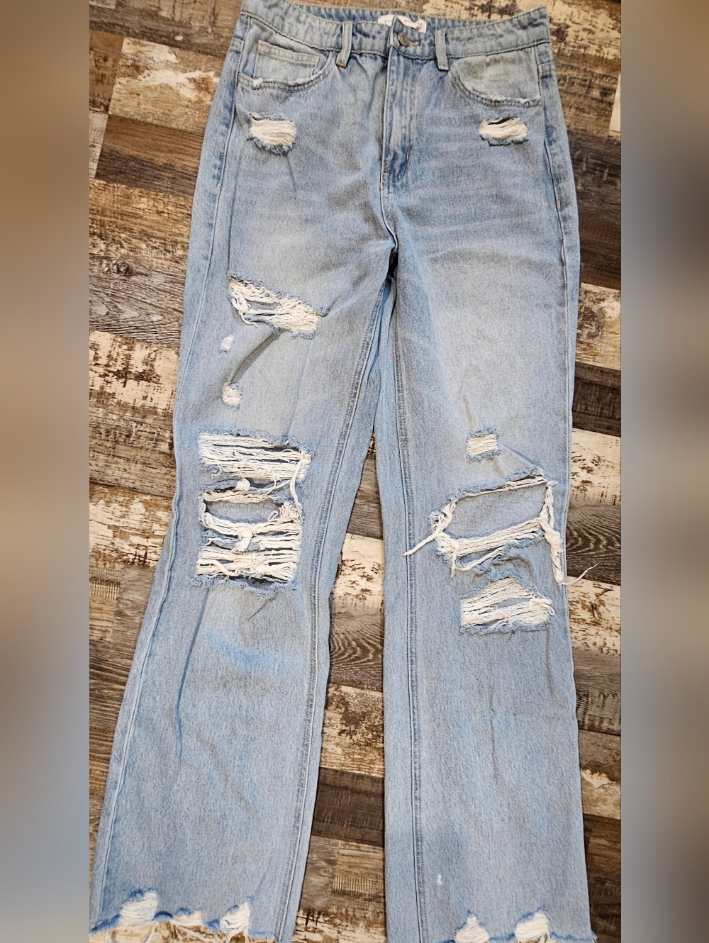 Flying Monkey Distressed Jeans High Rise Straight Leg Raw Hem Light Wash Size 28